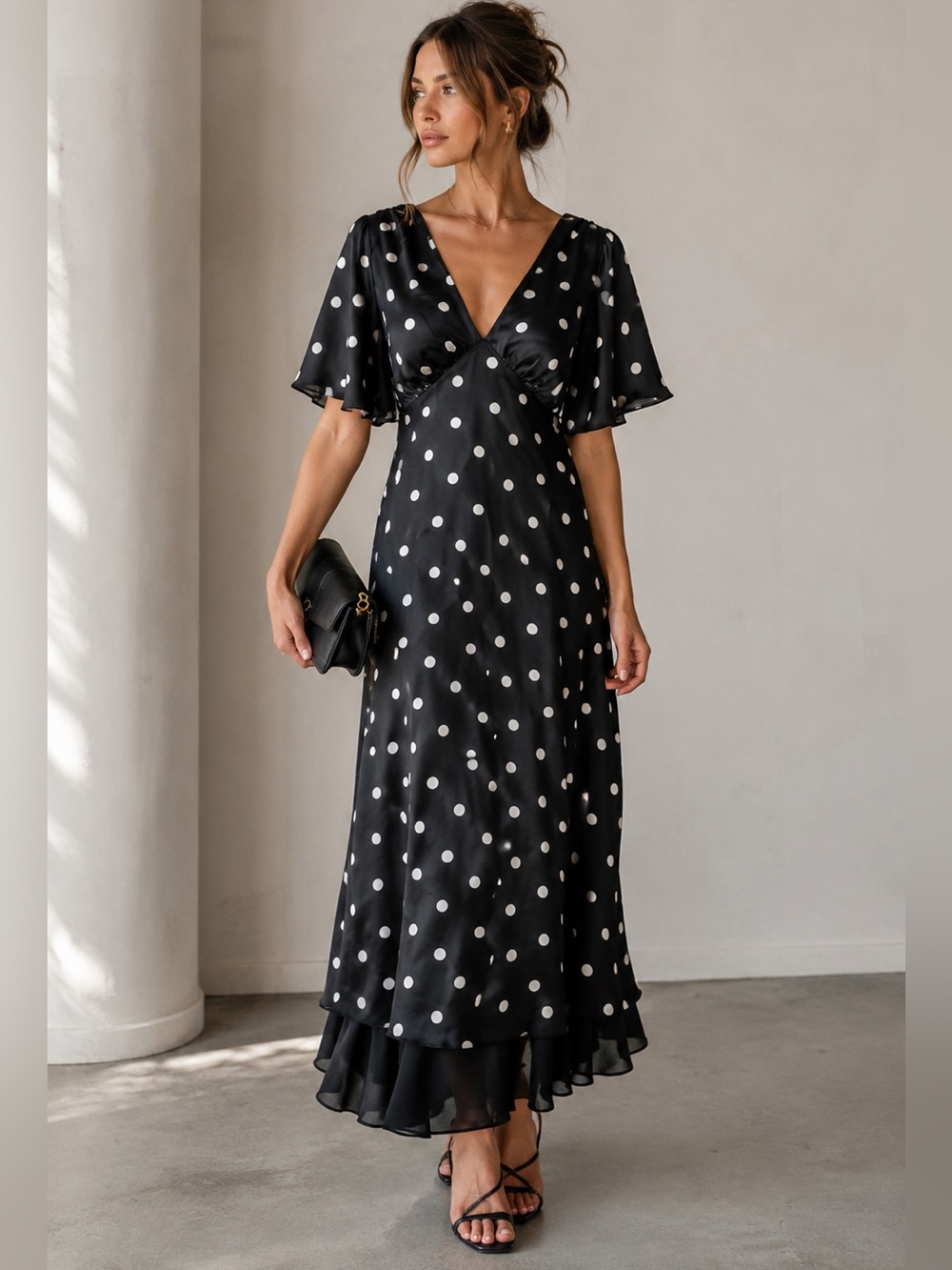 En Saison Women's Floretta Black Satin Polka Dot Maxi Dress Size XS Feminine